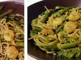Pasta mit Ofenspargel und Garnelen in Spargelpüree